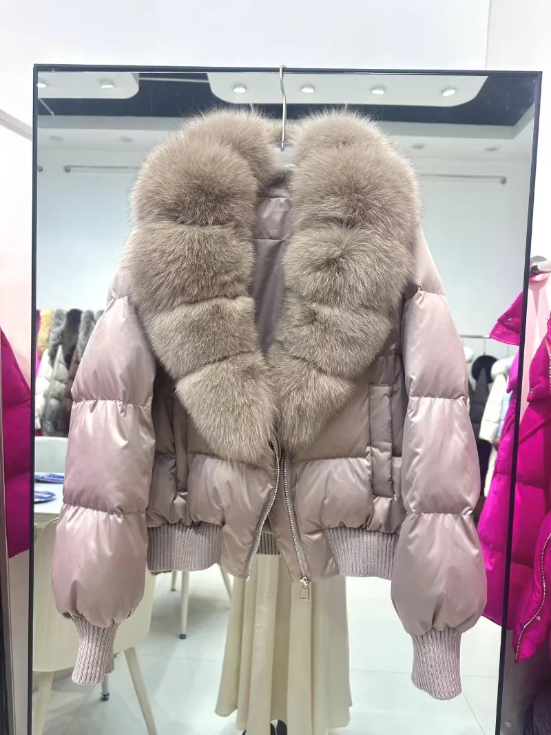 메니나 2025 신상 겨울 여성용 리얼 천연 여우털 칼라 화이트 덕다운 코트 여성용 두꺼운 따뜻한 숏 패딩 재킷 아우터