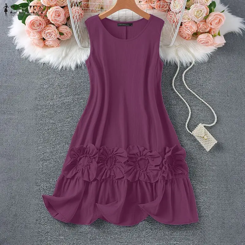 Robes Midi Femme ZANZEA Été 2026 à Fleurs en Tissu, Col Rond, Sans Manches, Ourlet Volanté, Couleur Unie, Robe de Plage pour Vacances