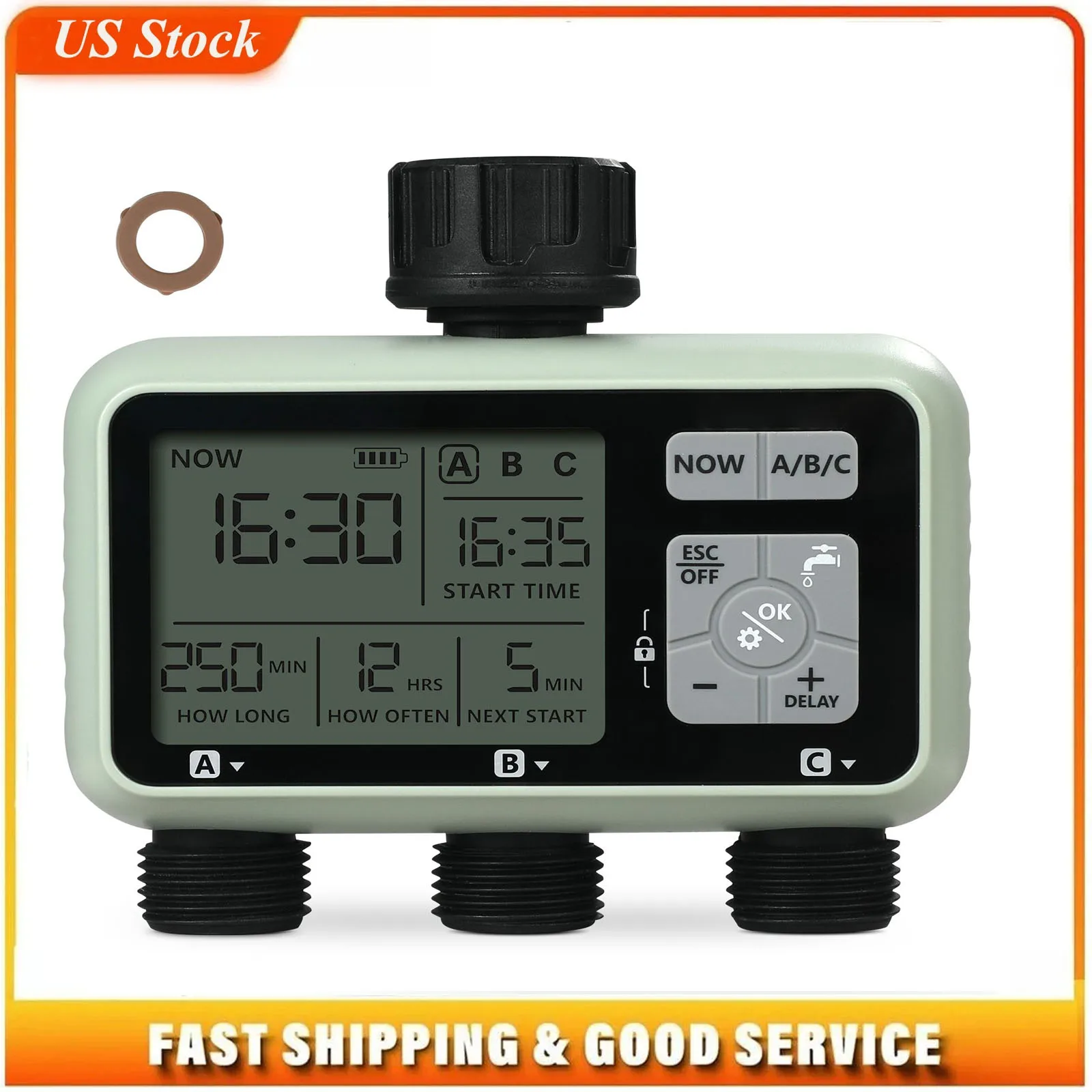 Water Timer 3 Outlets Hose Watering Sprinkler Timer with 3 Independent Watering Zone LCD Display Rain Delay Mode Manual Mode Garden Water Timer, IPX6 Waterproof for Yard Watering