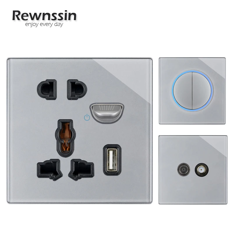 Wall Plug 5 Pin Electrical Sockets,With USB Tempered Glass LED ON/OFF,Push Key Reset Light Switch,SA SANS Outlets,Network Socket