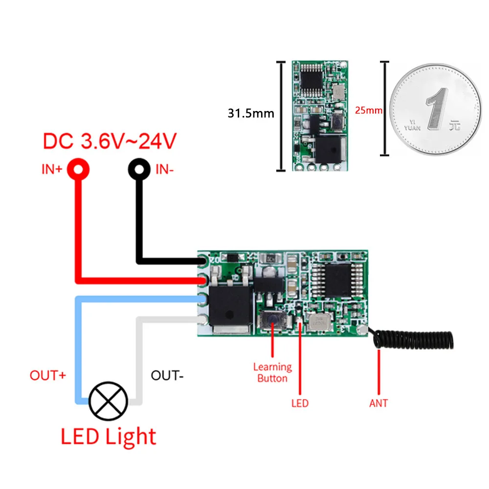 433mhz Wireless Remote Control Universal Switch Mini Relay Receiver DC 3.6V 5V 9V 12V 24V Micro Receiver Transmitter Use for Led