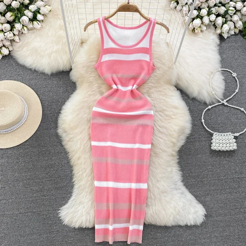 

Chic Stripe O-neck Knit Elastic Bodycon Dresses Sexy Beach Vacation Sundress Women Casual Slim Pencil Vestidos Female Long Dress