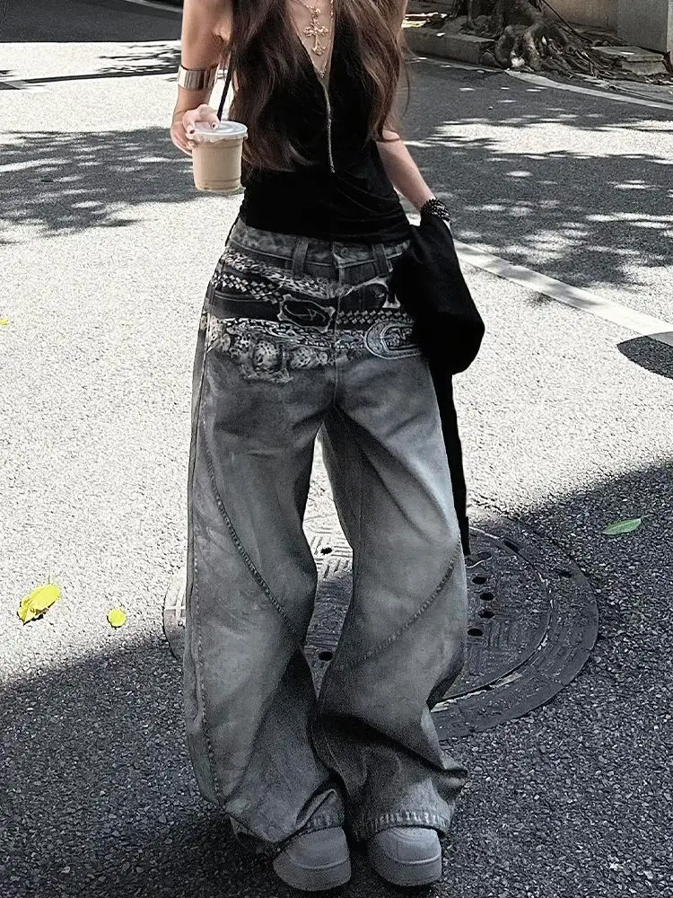 

Женские джинсы с принтом на поясе, персонализированные джинсы в стиле ретро, осенний стиль, широкие джинсовые брюки, женские уличные брюки с высокой талией