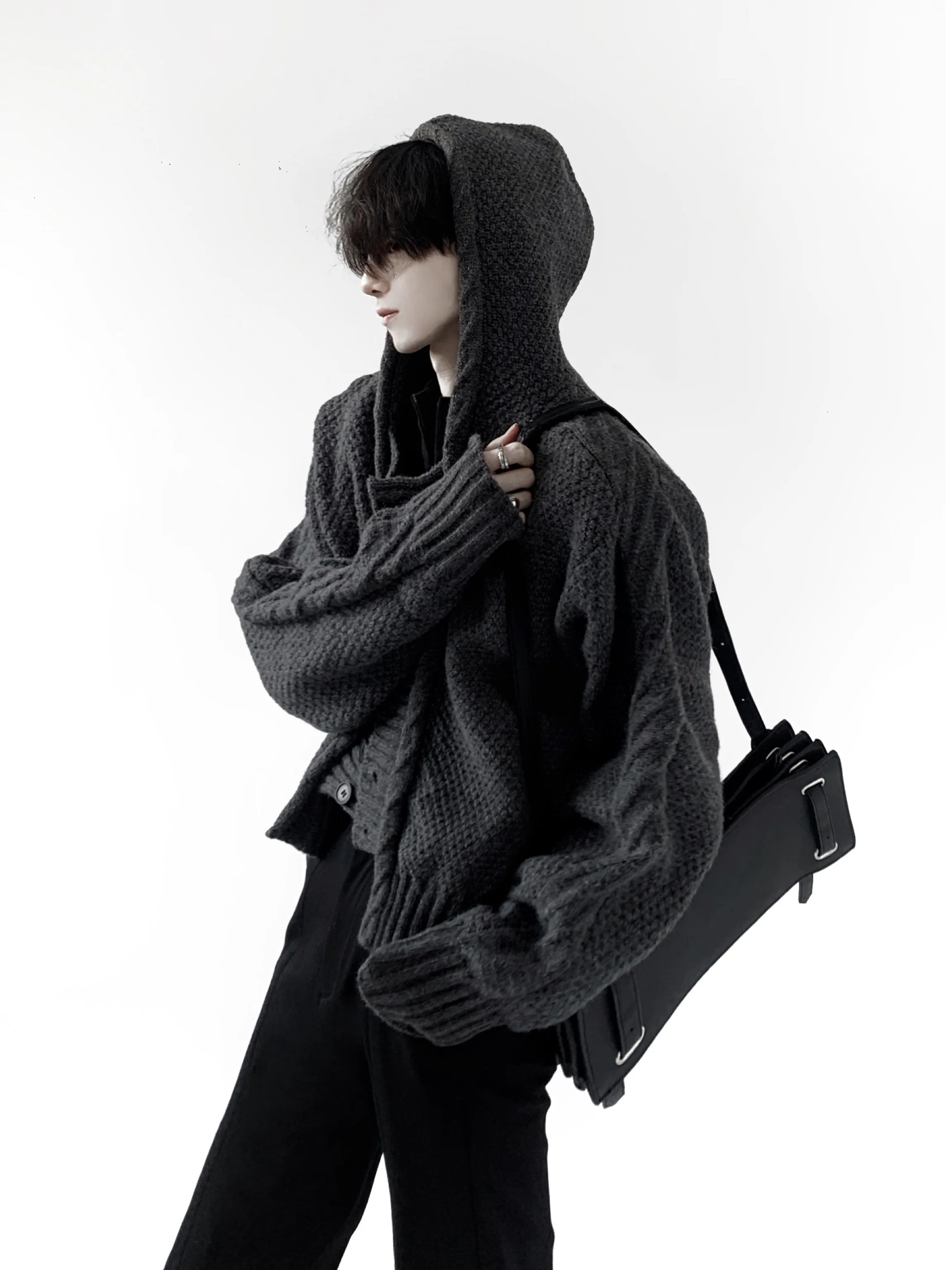 Gray Hooded Knitted Sweater Jacket Men's Casual High-End Design Mixed Fabric Long Sleeve Short Length Breathable Skin-Friendly