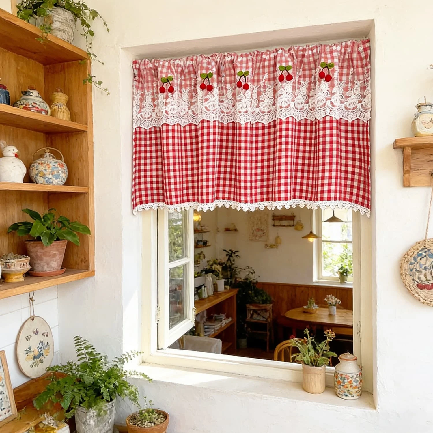 Korean Countryside Style Cute Cherry Lace Short Curtain,Red Two Tone Checkered Small Window Curtains for Kitchen-Home Drapes