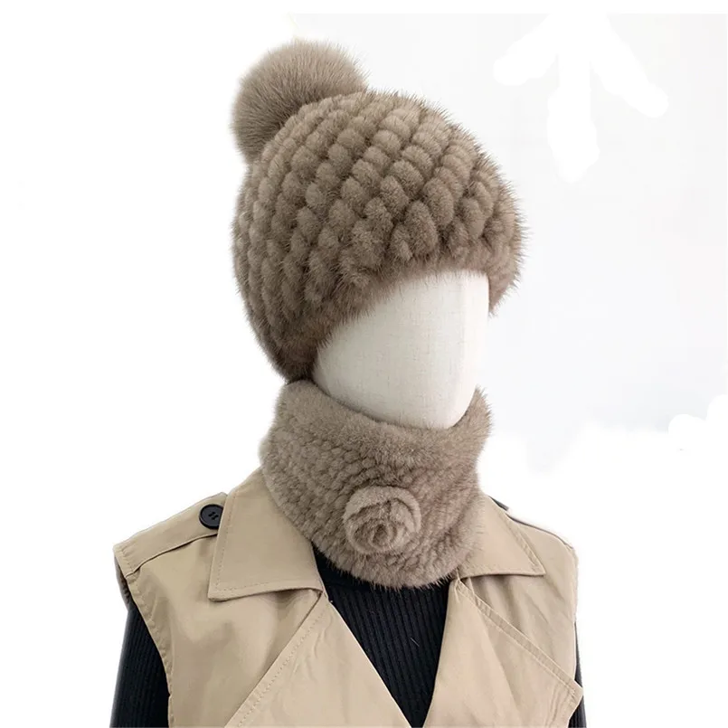 

women Winter Luxury Real Mink Fur Hat Scarf Knitted Warm Pompom Ball Cap Flower Rose Neck Warmer Collar