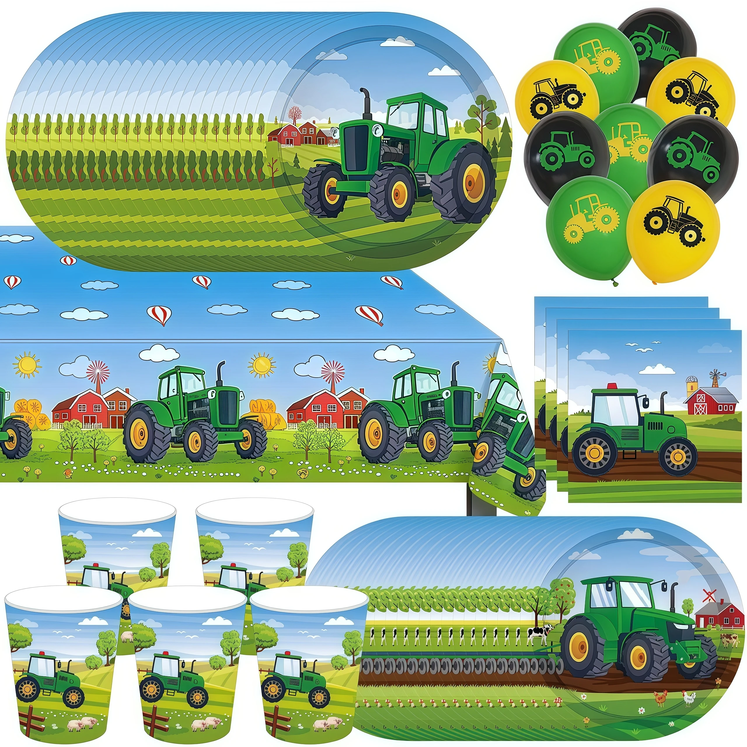 Décoration de fête à thème tracteur de ferme vert, pelle, véhicule, vaisselle d'anniversaire, tasse, assiette, bannière, ballon, fournitures de fête pour enfants