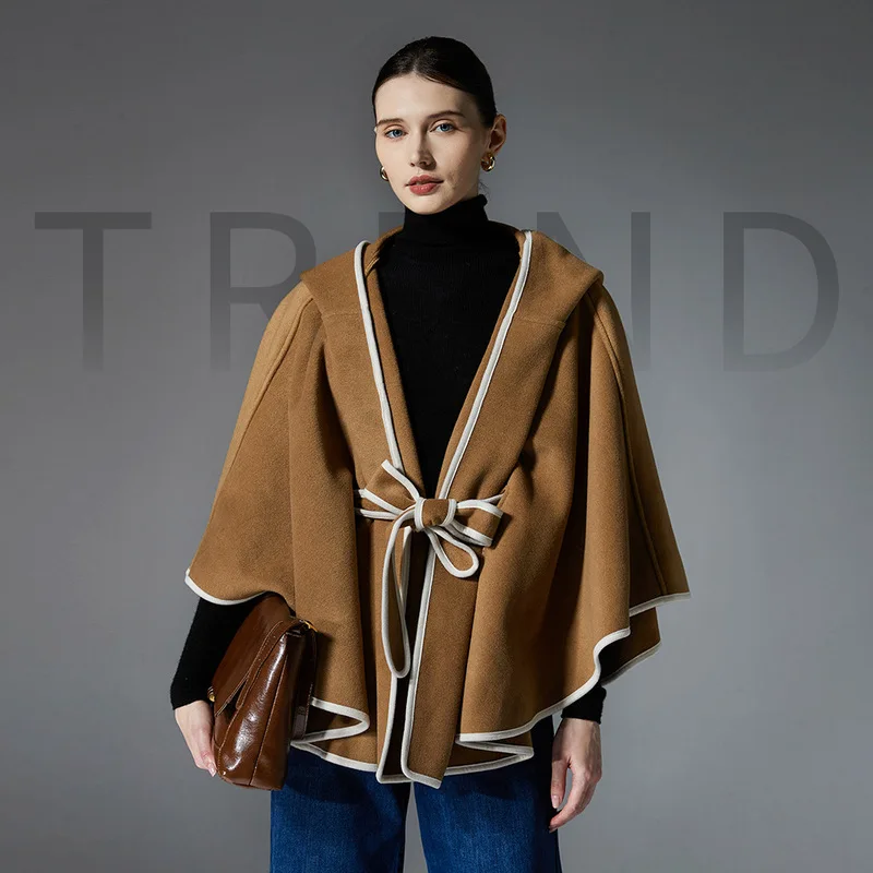 High-end European and American autumn/winter new collection: camel-colored double-faced wool shawl with a hood