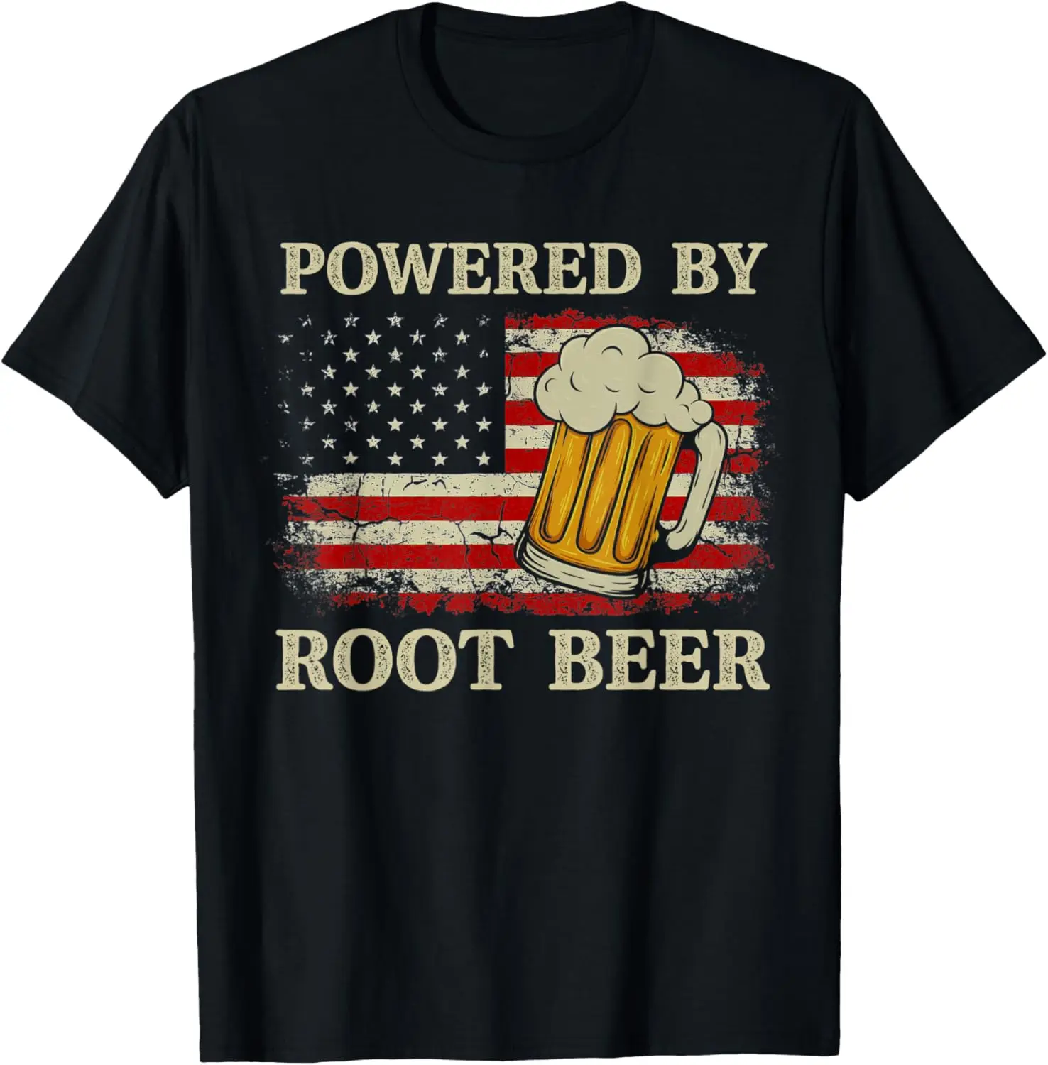 Vintage Powered By Root Beer Camiseta divertida con bandera americana para beber