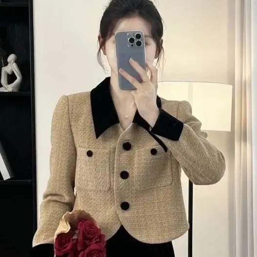 Women Tweed Jackets Round Neck Autumn Office Lady Short Blue Temperament Coat Female Tweed Coats Z484