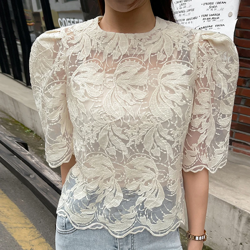 Embroidery Lace Blouse with Lining Two Piece Sets for Women Summer Korean See Through 2023 Sexy Mesh Elegant Tops Shirts 26727