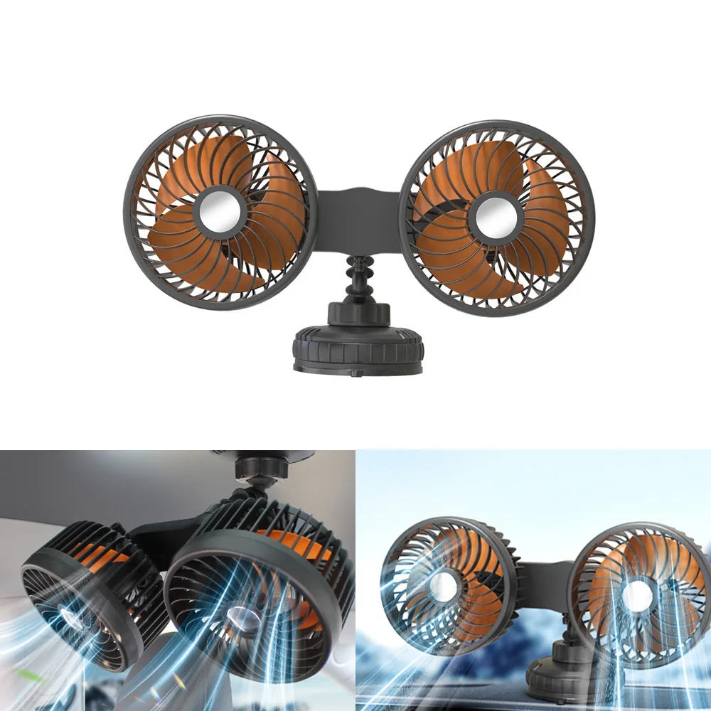 

12-24V Car Dashboard Dual Head Electric Air Circulation 3 Speeds Car Suction Cup Fan 360 Degree Rotation Adjustable for RV Truck