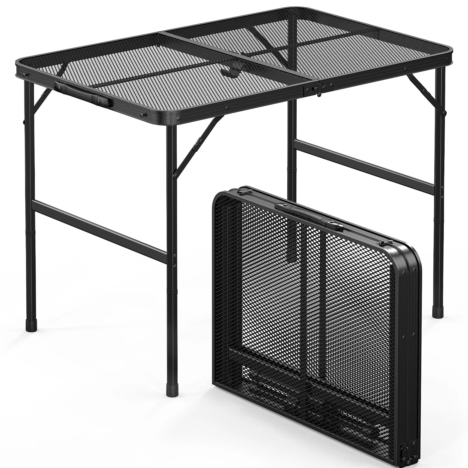 3ft Black Outdoor Folding Table Aluminum Frame Iron Mesh Table Top Rectangle 2 Height
