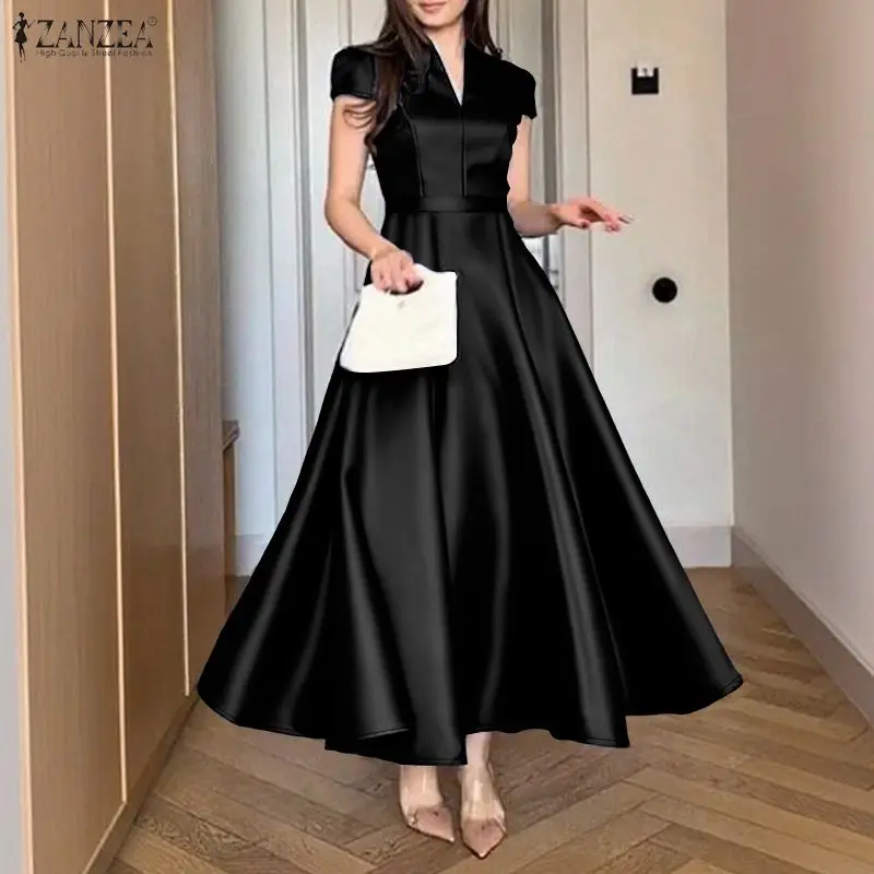 

ZANZEA Women's Elegant Satin Party Dress V-Neck Short Sleeve Fit and Flare Long Dresses Sophisticated Evening Maxi Robes Femme