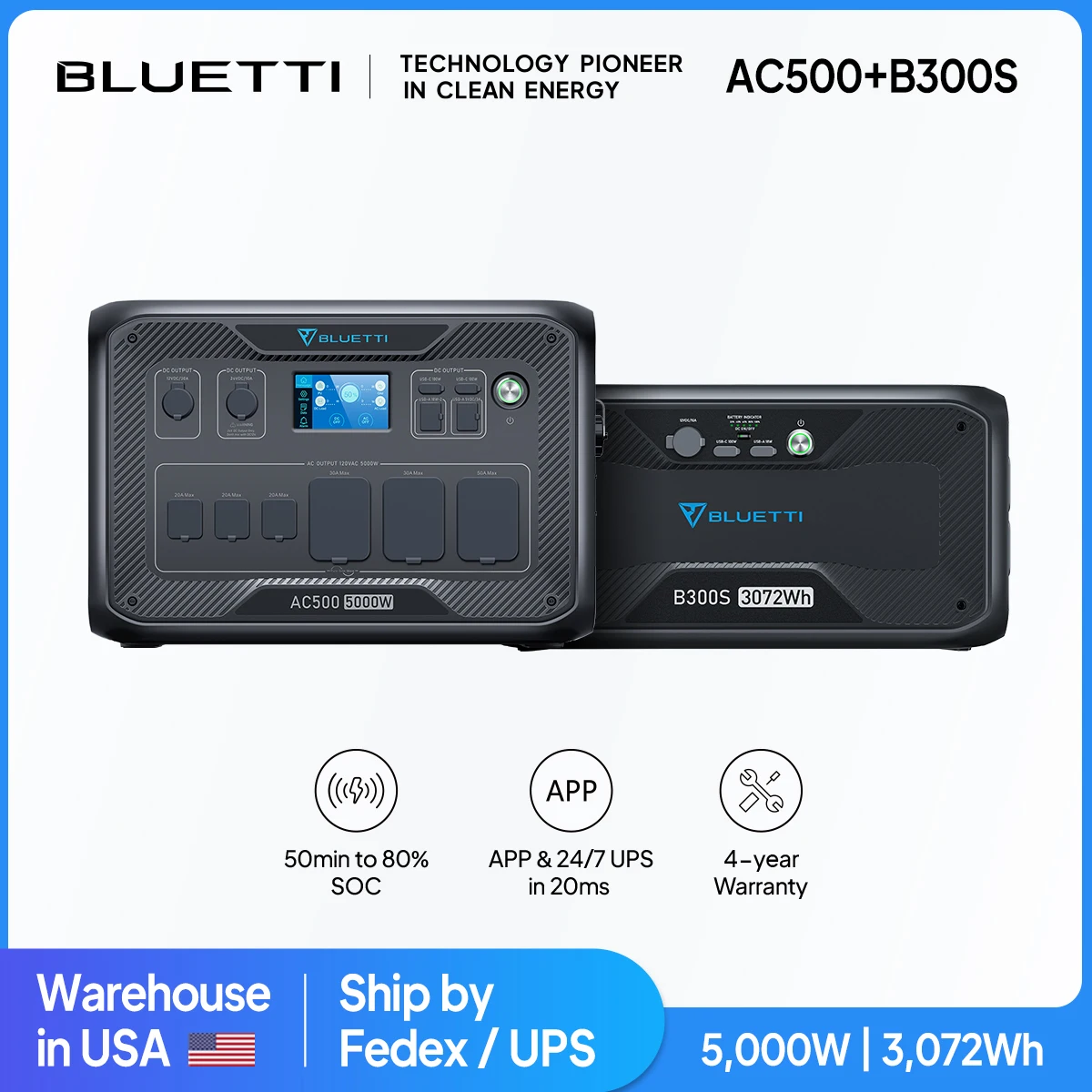 

[US Plug] BLUETTI AC500 + B300S 5000W 3072Wh Solar Power Statio Expansion Battery LiFePO4 Backup For Home Complete Kit Emergency