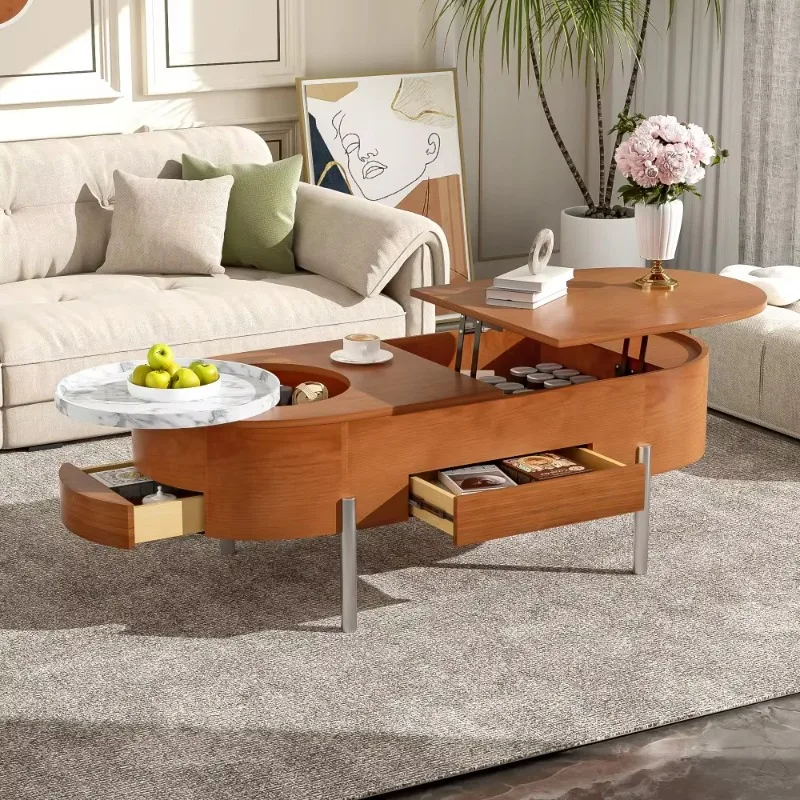 47.2-Inch coffee table with 360-degree marble pattern rotating tray