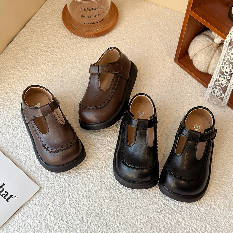 

Spring Girl's Mary Janes T-Strap Sewing Classic Hook-loop Kid's Flat Shoe Pu Leather Chunky Fashion Daily Children Shoes 4-6Y