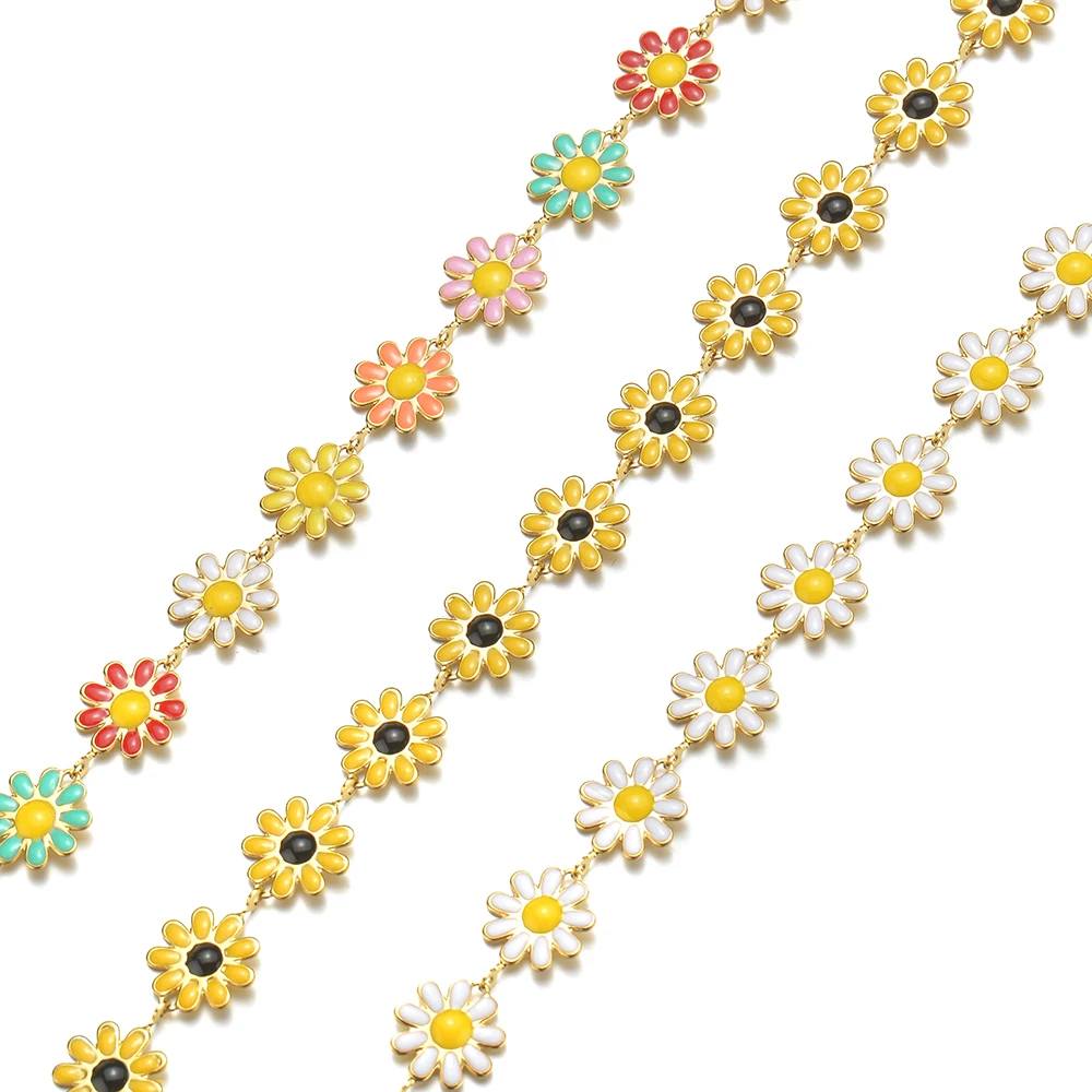 Großhandel 1m/Stück Edelstahl Goldfarben Emaille Sonnenblumen-Ketten für DIY-Halsketten, Schmuckherstellung, Armbänder, Fußkettchen – Detail 1