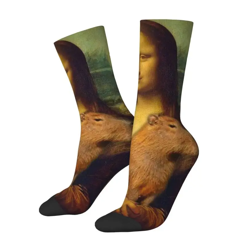 

Custom Cute Mens Mona Lisa Carries Capybara Dress Socks Unisex Comfortable Warm 3D Print Crew Socks