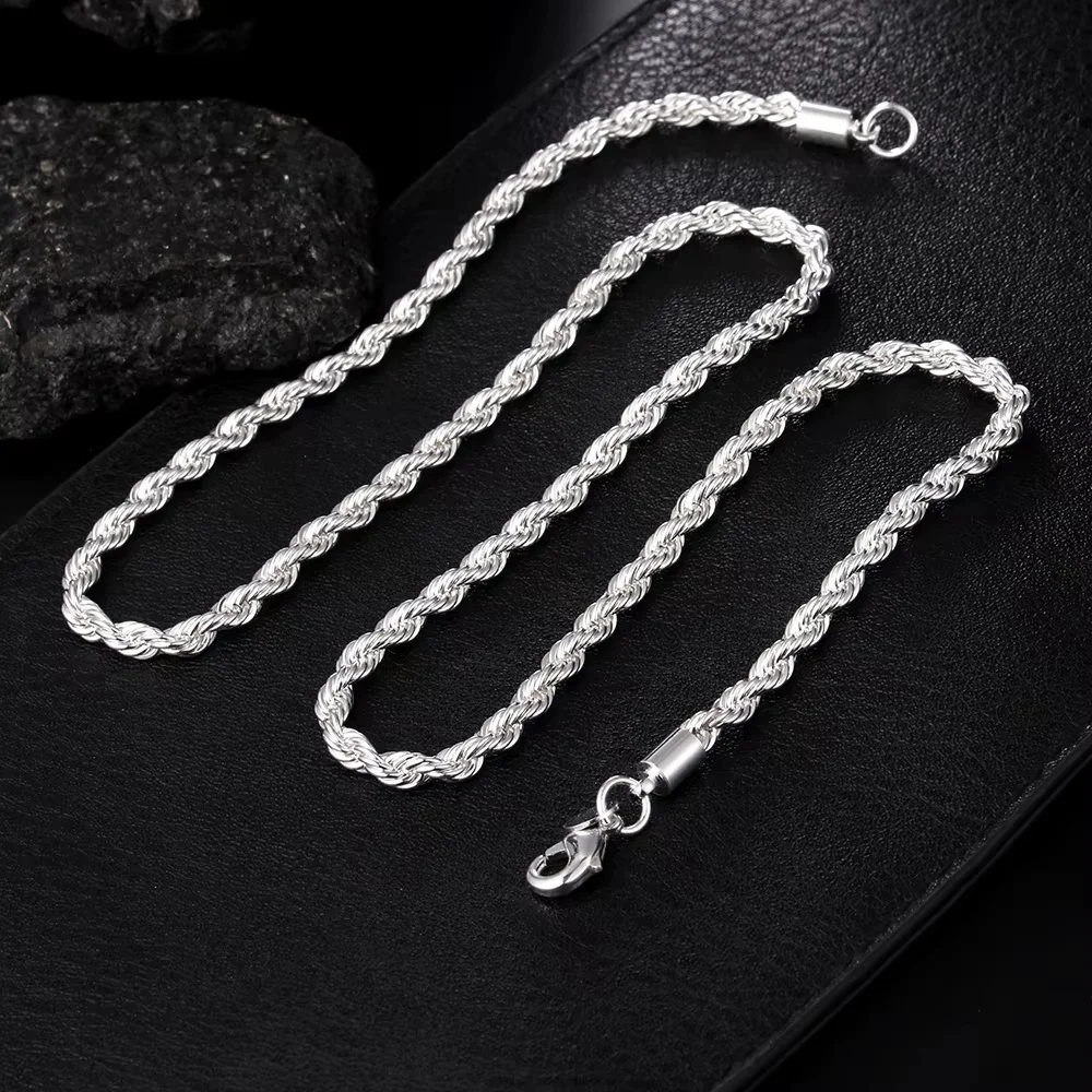 40-60cm 925 Sterling Silver Solid 4MM Rope Chain Necklace for Women Men Beautiful Fashion Charm Wedding Party Jewelry
