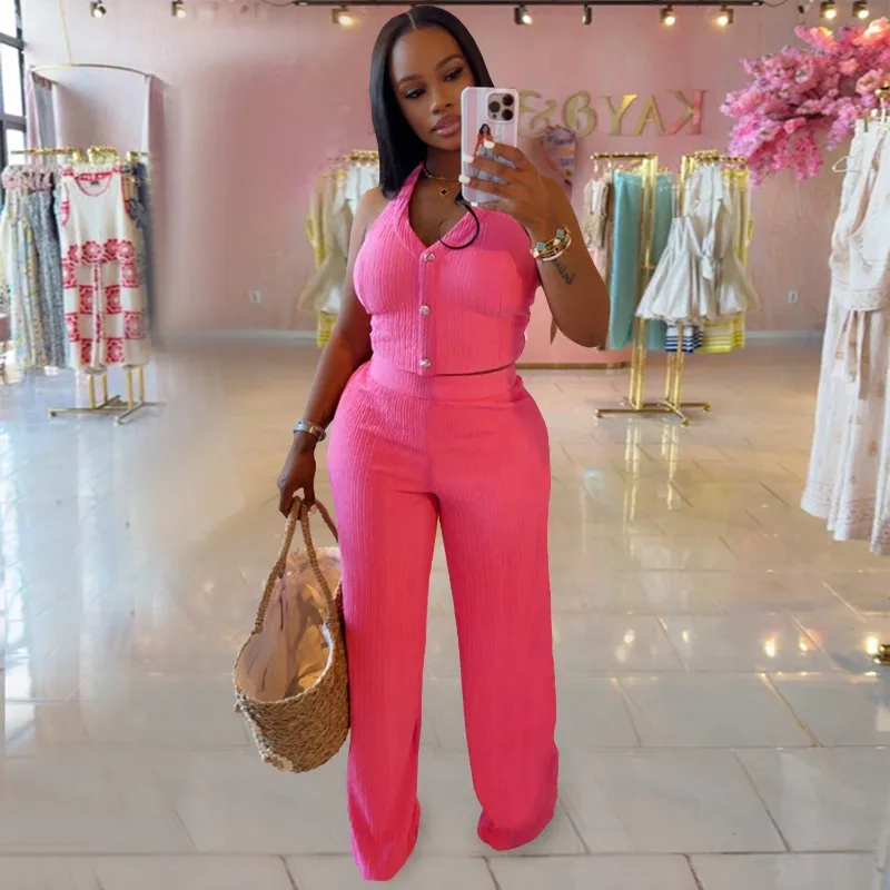 

Женский однотонный комплект из 2-х предметов в рубчик, сексуальный комплект с v-образным вырезом, шнуровкой на шее, с открытой спиной, однобортный жилет, укороченный топ + широкие брюки, костюм