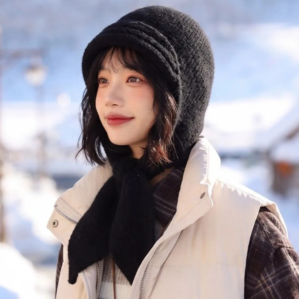 Simple Wool Knitted Balaclava Hat Solid Color Warm Hat and Scarf 2-in-1 Korean Style Soft Pullover Hat Outdoor