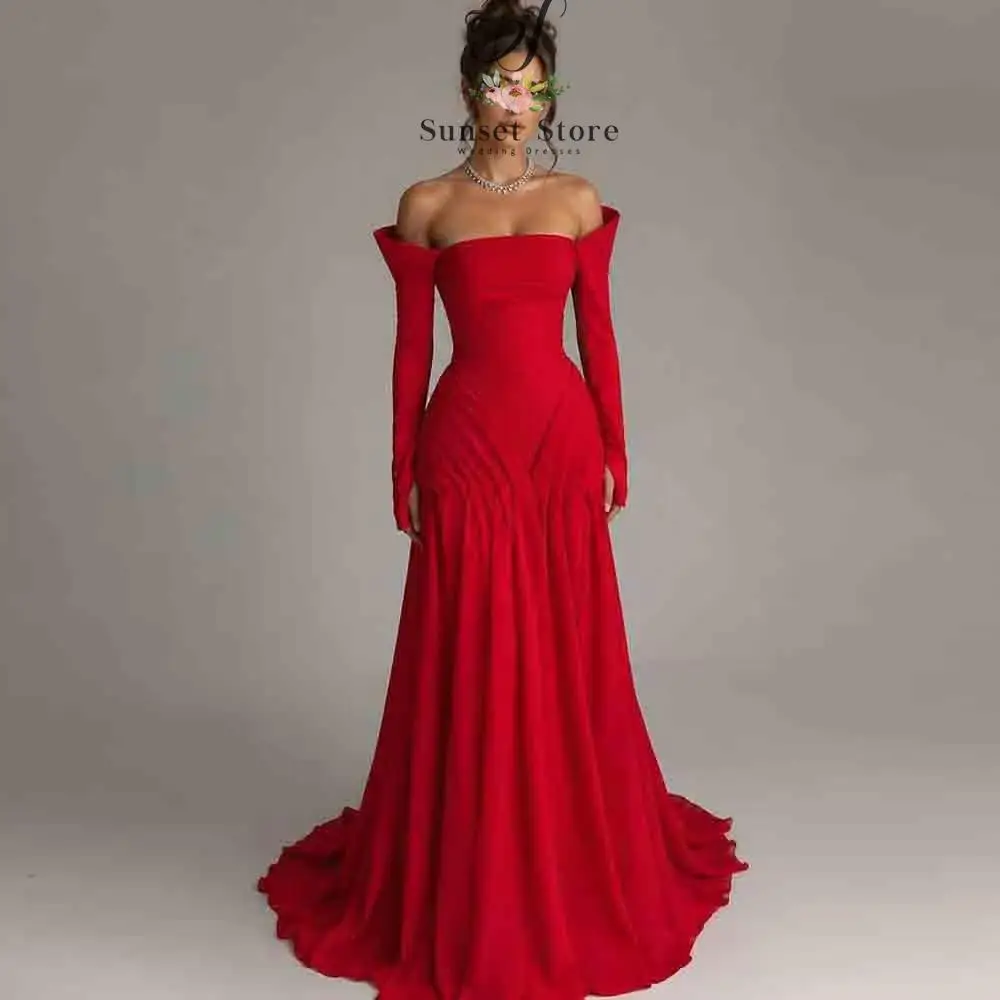 Customized Red Off Shoulder Corset Evening Dress Elegant Long Sleeve Chiffon Formal Gown for Women Wedding Guest