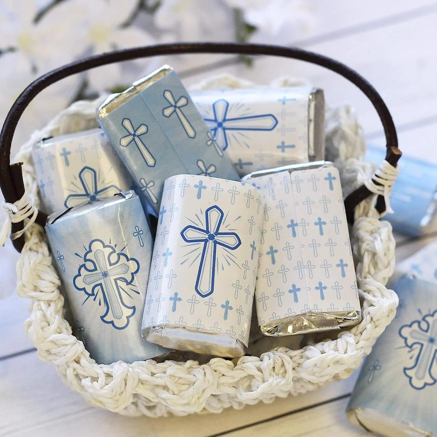 Blue Cross Baptism Mini Candy Bar Wrappers - Christian Faith Candy Labels