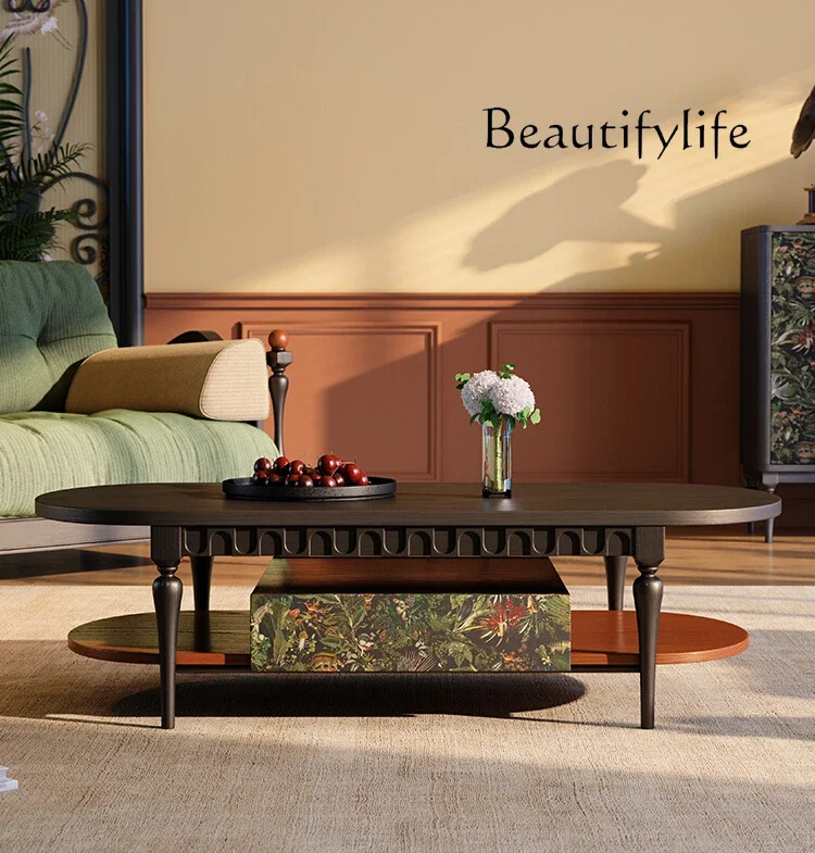 

LXFrench retro style design coffee table living room medieval high-end black ash wood coffee tableSSS