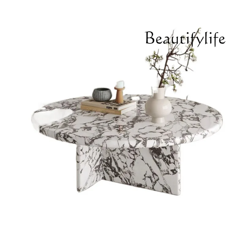 Mesa de centro de mármol natural estilo crema francesa Y, tapa lacada italiana redonda ovalada y estructura de acero inoxidable, resistente al calor