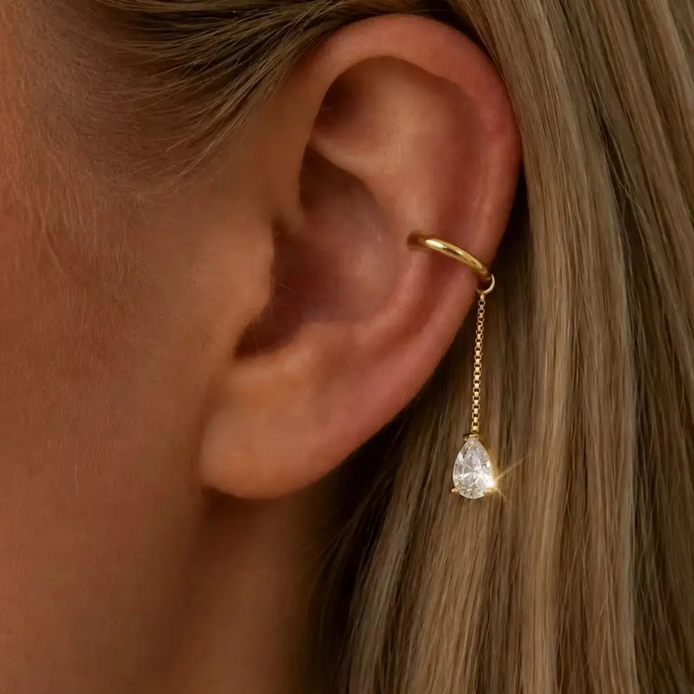 SHIXIN Stainless Steel 18K Gold Plated Exquisite Shiny Waterdroplet  Zircon Clip Earring Women Non Piercing Ear Banquet Jewelry
