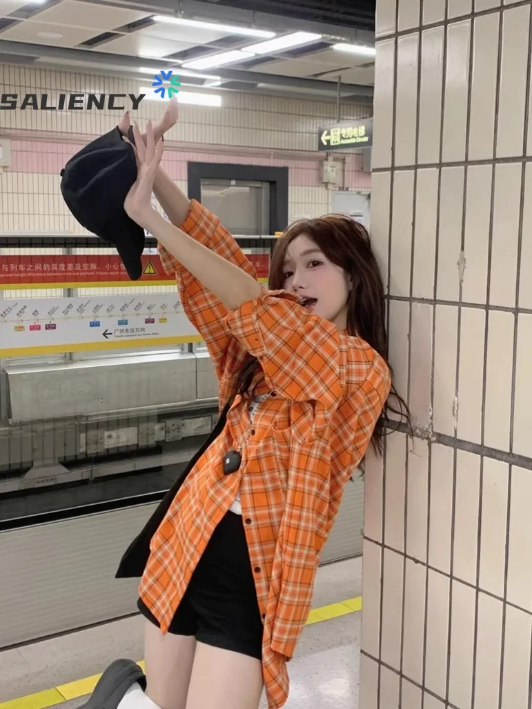 

SALIENCY 2025 Fashion Loose Womens Plaid Shirt College Style Blouses and Tops Long Sleeve Casual Female Checked Clothes
