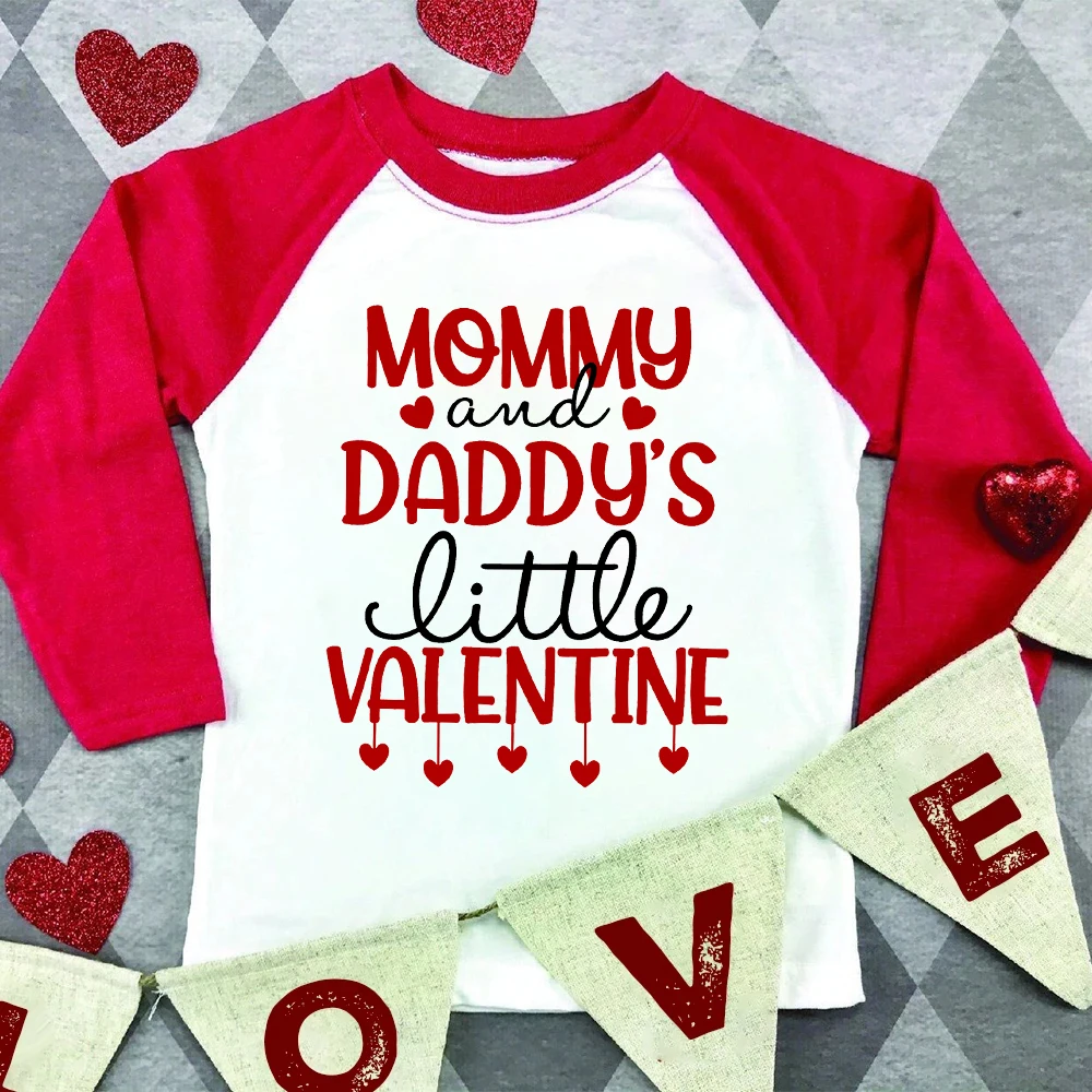 Mommy and Daddy's Little Valentine Printed Kids Shirts Boys Girls Valentine's Day Party Outfit Child Raglan Sleeve Tee Clothes