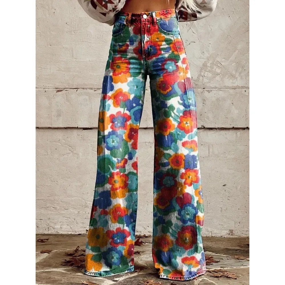 Vintage Paisley Blumenmuster Hohe Taille Weite Hose Sexy Damenhose 100% Baumwolle Lässige Lockere Hose mit Taschen XXS-3XL – Detail 8