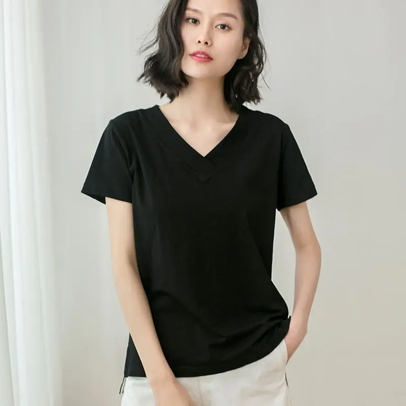

Basic Simplicity V Neck Solid Harajuku Tops Tees Women Clothing New Summer Short Sleeve Loose Casual T Shirts Fashion Vintage