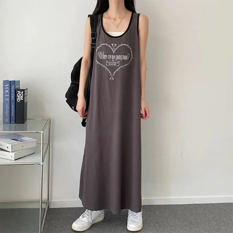 2024 Summer Women Sleeveless Dresses Side Slit Long Dresses Korean Style Female Loose Vest Dress Fashion Printed Streetwear