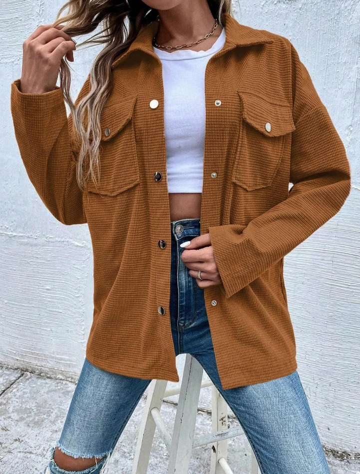 Autumn Women's Jacket Waffle Long Jacket Oversized Casual Shirt Buckle Collar Formal Shirt Temperament Commuting Casual Jacket