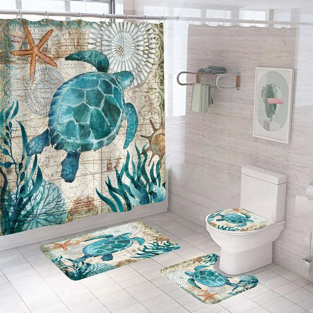 Sea Turtle Shower Curtain Sets Waterproof Nautical Ocean Vintage Animal Bathroom Bathtub Curtains Bath Mats Rug Toilet Lid Cover