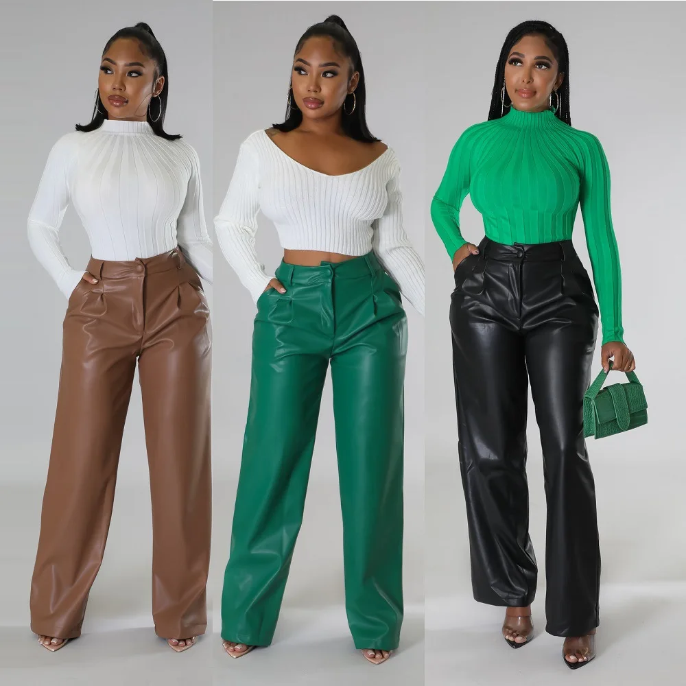 

FNOCE 2024 Early Spring New Urban Street Magazine PU Women's Loose Wide Leg Pants Pockets Casual Peplum Leather Pants hot sale