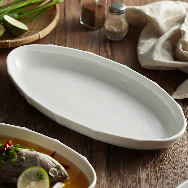 

Large Japanese Style Ceramic Fish Plate Elegant Dinnerware for Steamed Fish Home Use