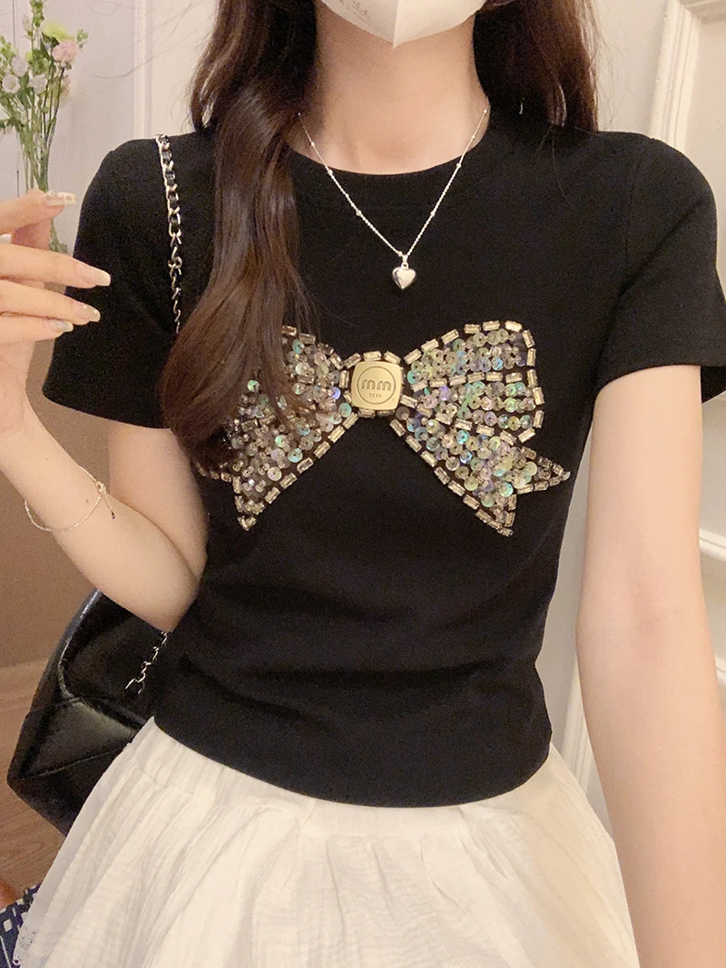 Short Sleeve T-shirt 2024 Handmade Bow Beaded Slim Fit Round Shoulder Round Neck Solid Color Women\'s Top