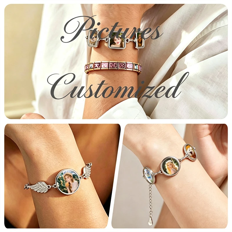 Photo Pictures Personalized Customized Lucky Bracelets Stainless Steel Bangles Round Wings Square Heart Shape Custom Gifts