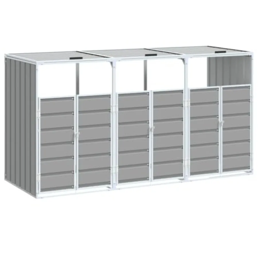 Outdoor triple wheelie bin storage shed for garden and patio use, galvanized steel construction in charcoal gray, weather-resis