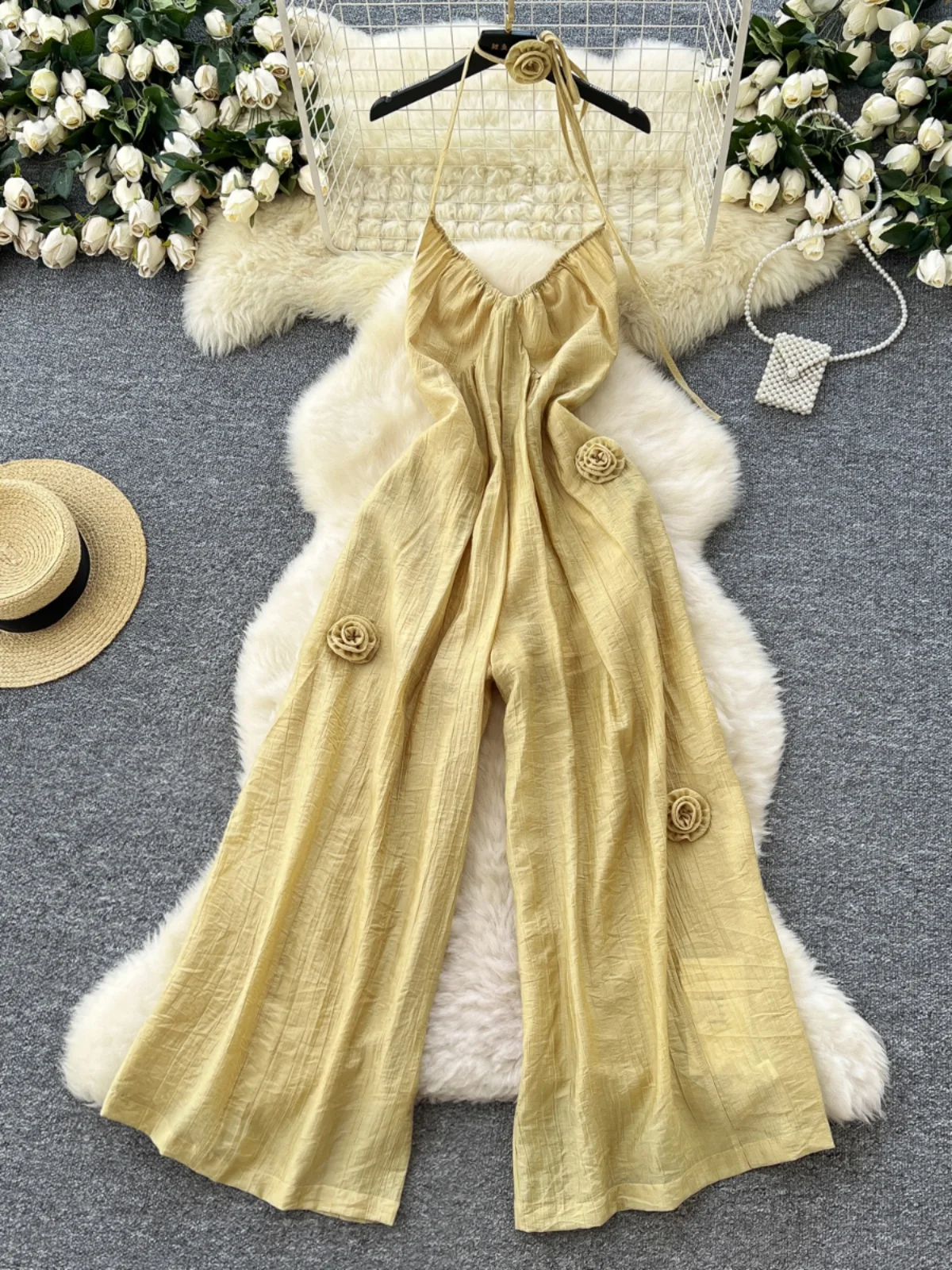 Mono de una pieza para mujer, estilo informal, hoado, de cintura alta, pierna recta, con tirantes coles en el cuello y ...