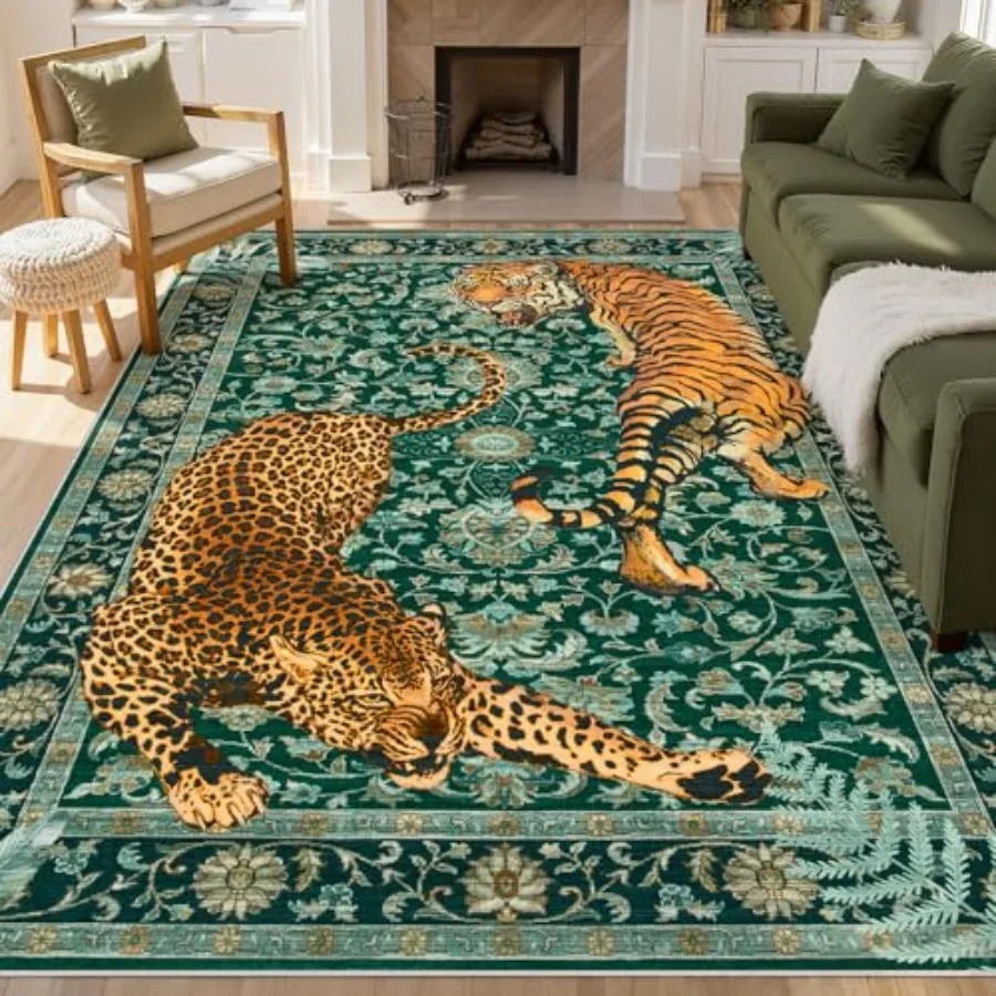 

Washable tiger 6x9 area rugs for living room, green boho cheetah area rug for bedroom, large non-slip botanical vintage indoor