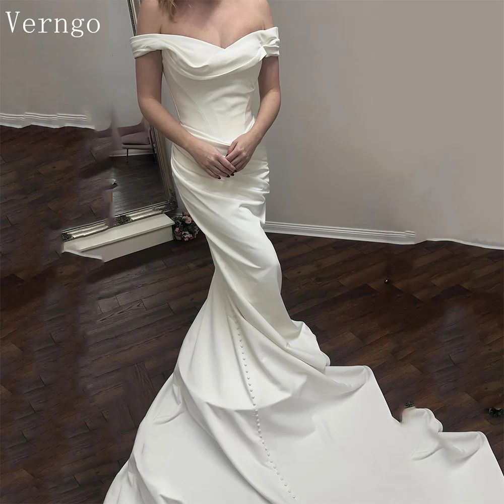 Verngo lvory Satin Wedding Dress Off The Shoulder Mermaid Button Bridal Gown Sweap Train Civil Bride Dresses 2026 Customized