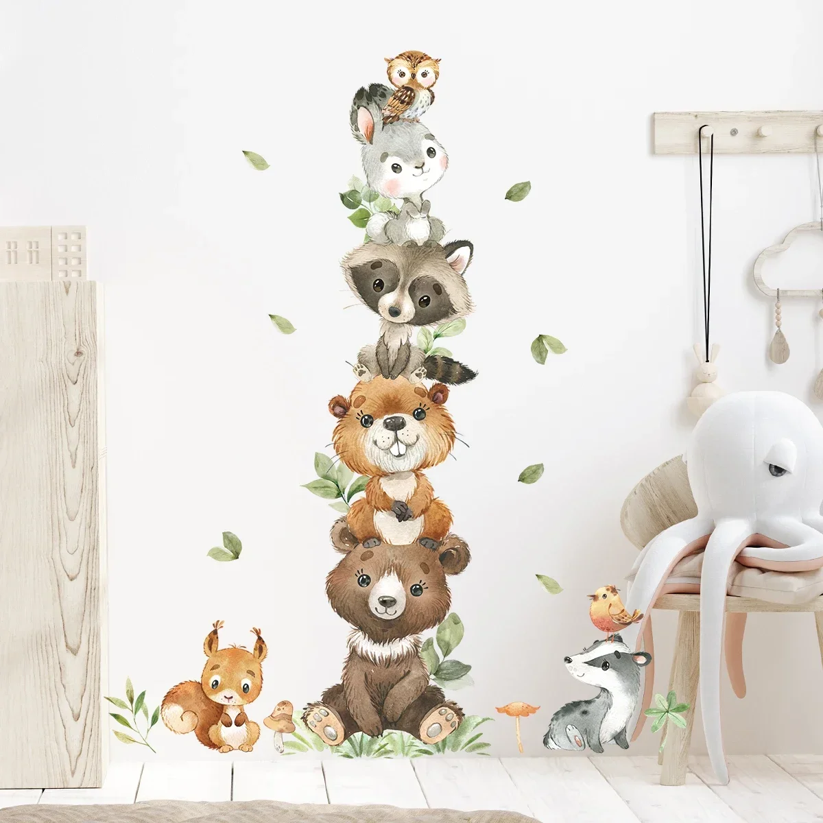 1PC Cartoon Stacked Small Animals Bear Rabbit Raccoon Wall Stickers for Kids Room Bedroom Home Decoration Wall Decor