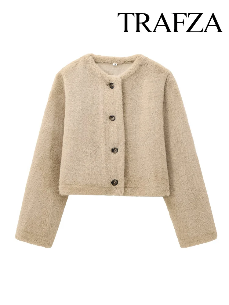 

TRAZFA Women's Autumn New Fashion khaki Plush Faux Fur Effect Cropped Heavy Jacket Female Crew Neck Single Breasted Casual Coat