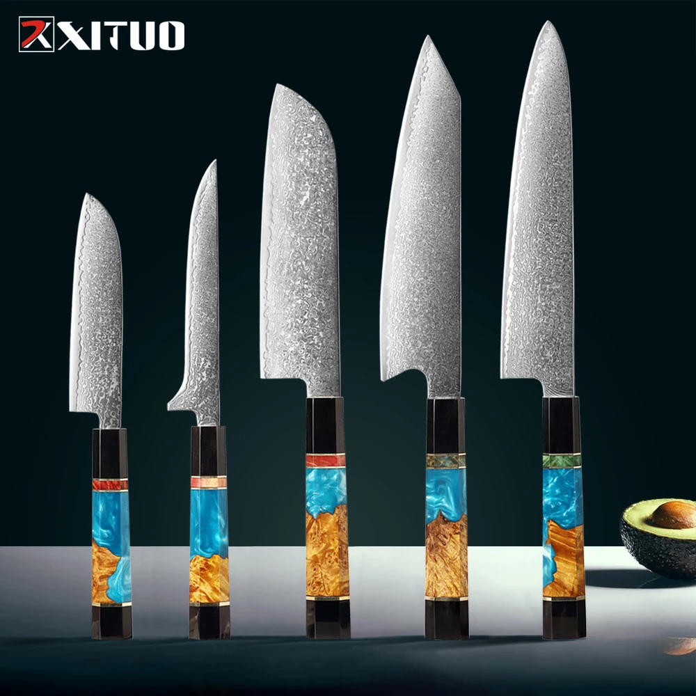 

Premium Damascus Steel Chef Knife Set 1-5PCS Ultra Sharp Japanese Kitchen Knives with Octagonal black horn resin & wood handle
