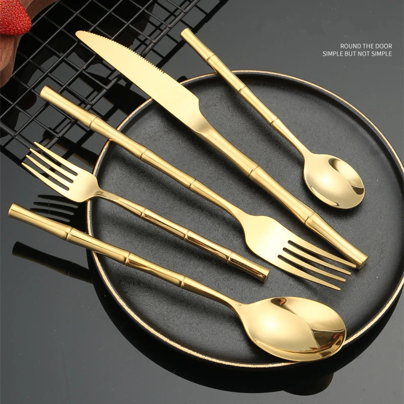 Thickened Stainless Steel Steak Knife Imitation Bamboo Handle Dining Fork Spoon Western Tableware Cutlery Set Household